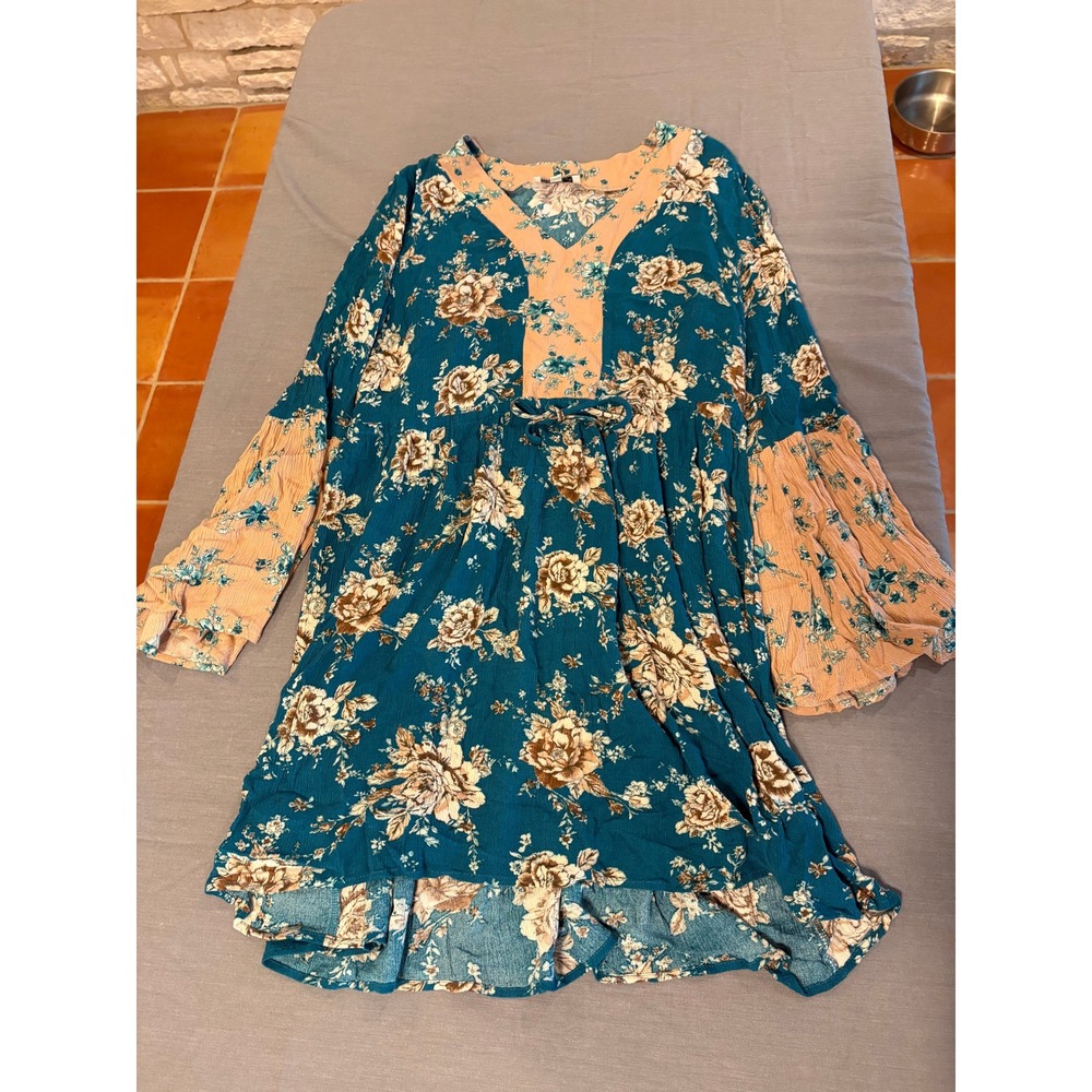 Tassels N Lace Teal Floral Bell Sleeve Boho Tunic Dress Medium